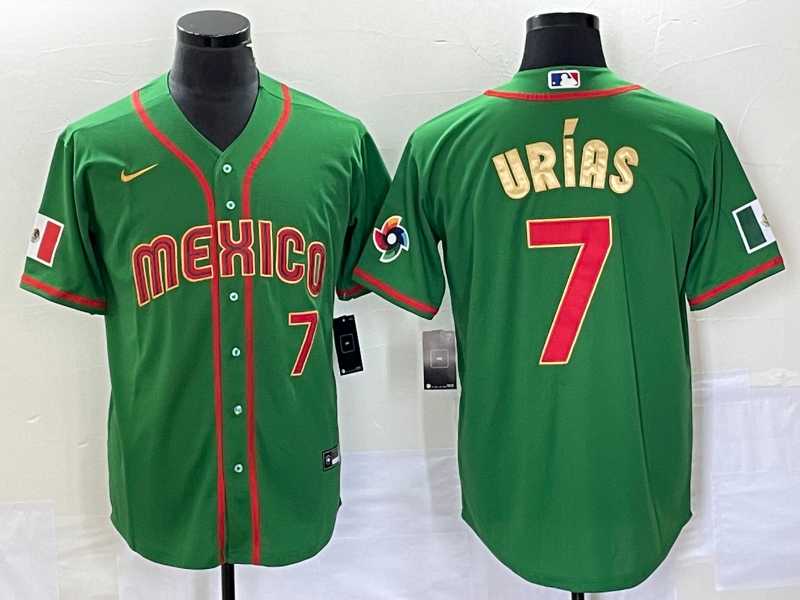 Men%27s Mexico Baseball #7 Julio Urias Number 2023 Green Red Gold World Baseball Classic Stitched Jersey 2
